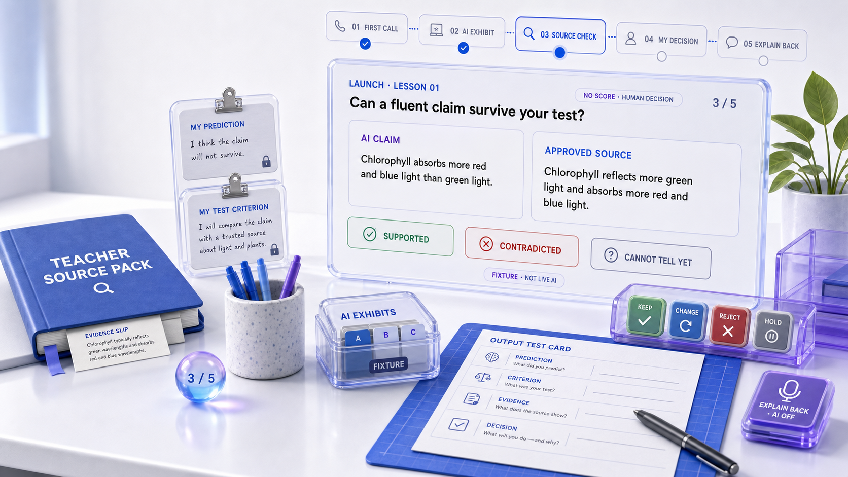 An Own Mind Launch lesson on the desk: a student tests whether a fluent AI claim about chlorophyll survives against an approved source, using prediction, criterion, evidence and decision cards.